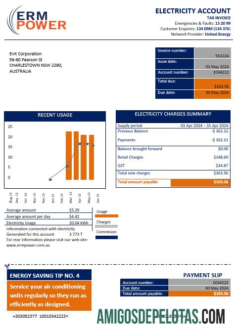 Para baixar modelo de comprovante de endereço de eletricidade de energia ERM da Austrália em formato Word e PDF